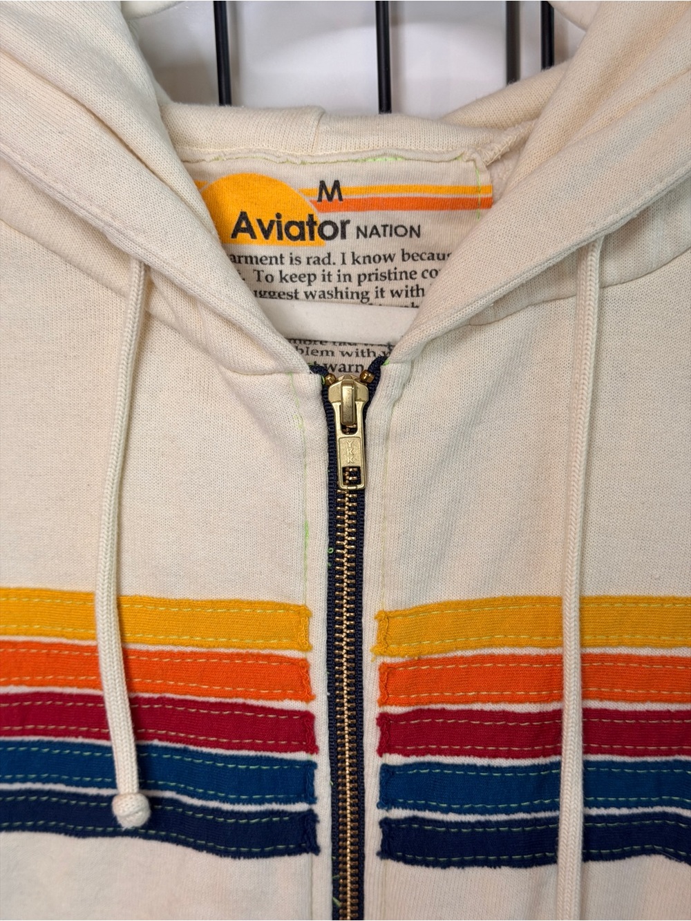 Aviator Nation Cream Hoodie with Yellow Orange Red and Navy Stripes - Picture 2 of 5